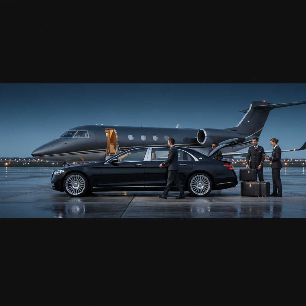 Black Mercedes-Maybach beside a private jet at blue hour with ground crew handling luggage