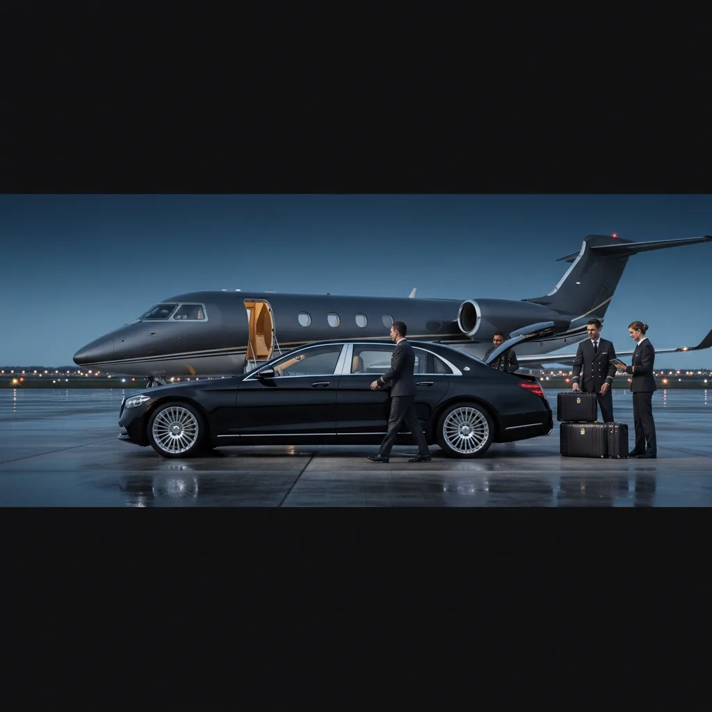 Black Mercedes-Maybach beside a private jet at blue hour with ground crew handling luggage