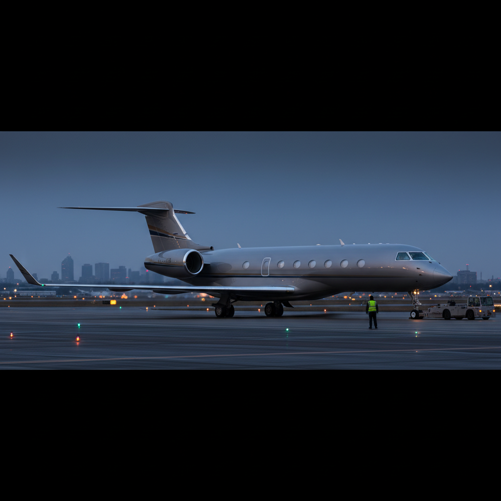 Gulfstream G650ER heavy private jet at blue hour